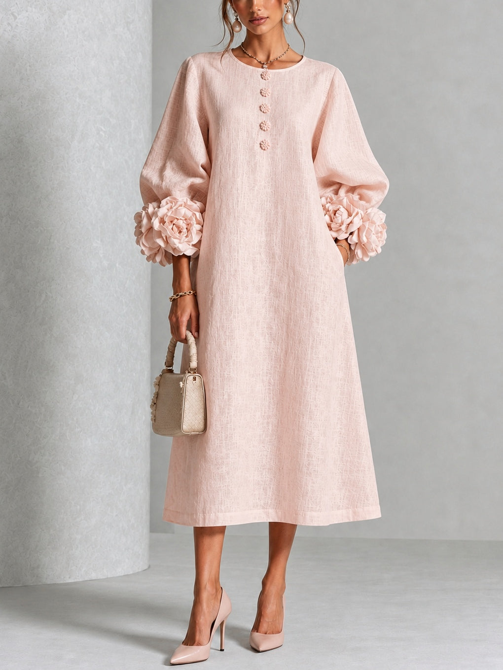 Rosabel | Floral-Sleeve Midi Dress in Pink