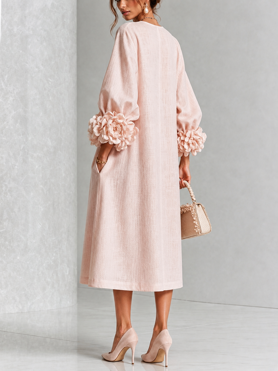 Rosabel | Floral-Sleeve Midi Dress in Pink