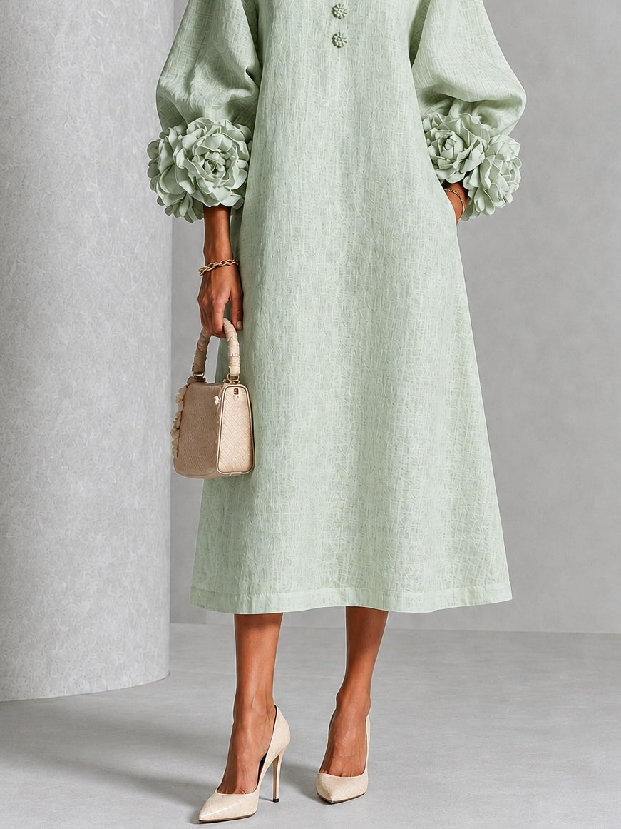 Verity | Floral-Sleeve Midi Dress in Sage