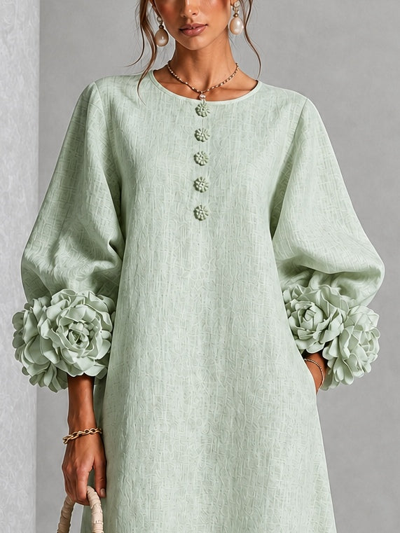 Verity | Floral-Sleeve Midi Dress in Sage
