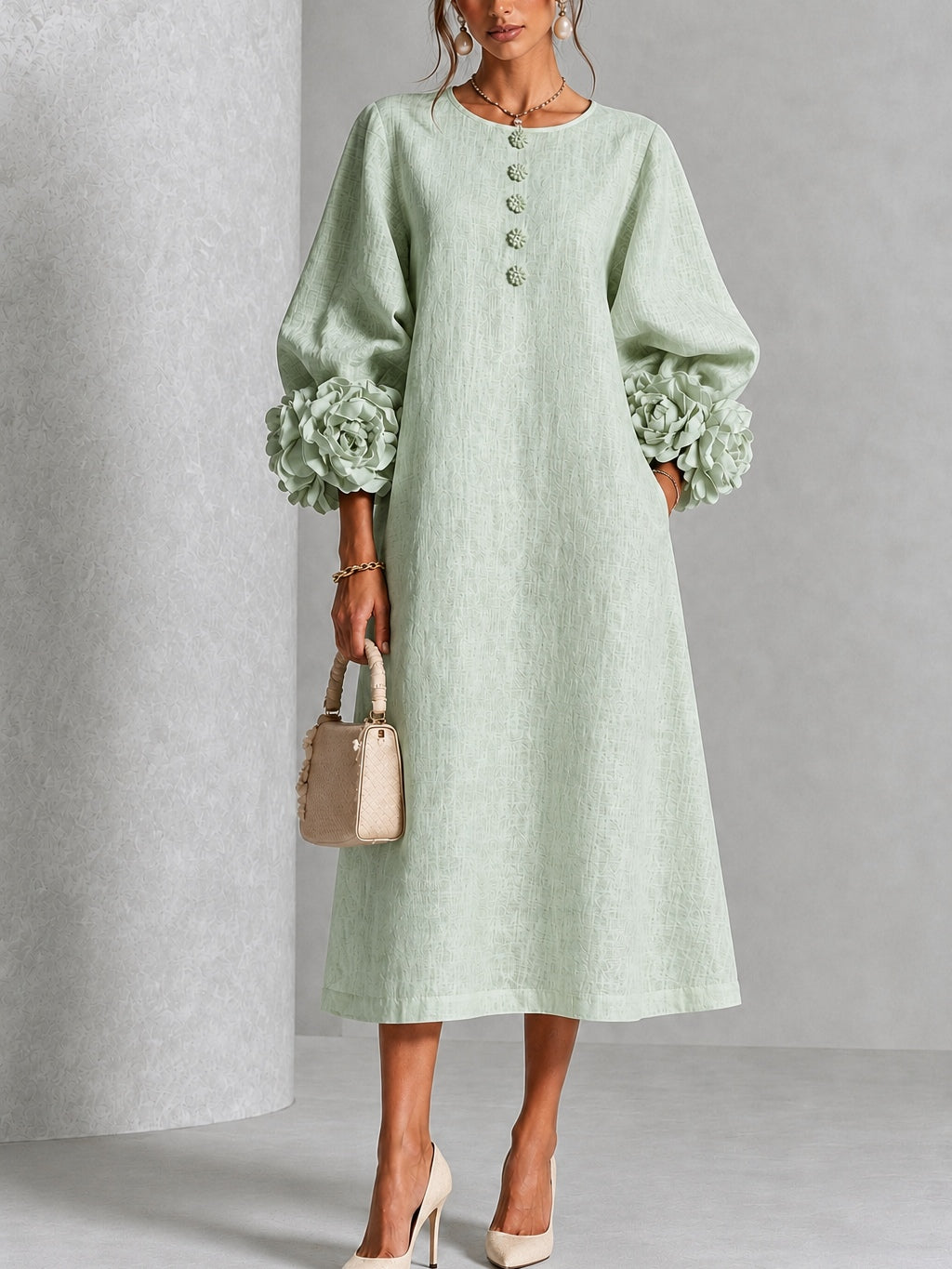 Verity | Floral-Sleeve Midi Dress in Sage