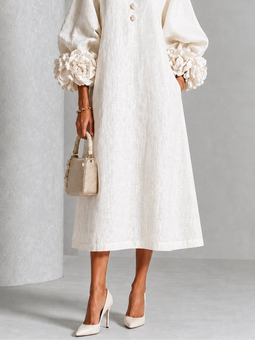 Margot | Floral-Sleeve Midi Dress in White