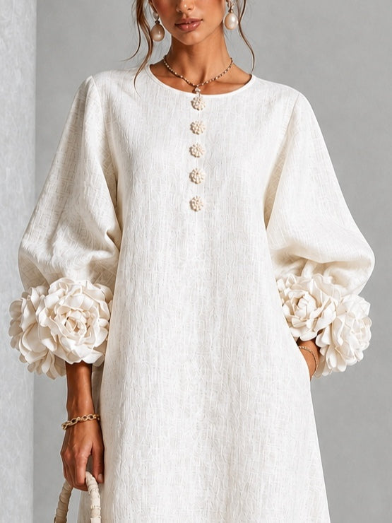 Margot | Floral-Sleeve Midi Dress in White