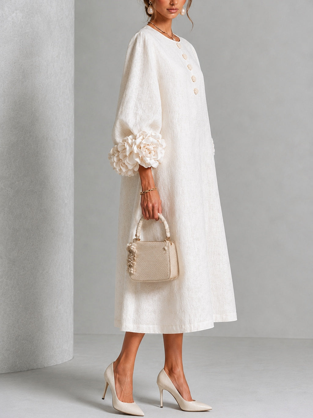 Margot | Floral-Sleeve Midi Dress in White