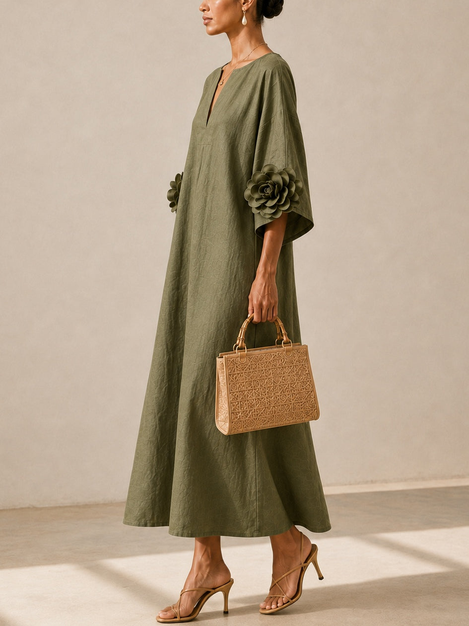 Thea | V-Neck Floral-Sleeve Midi Dress