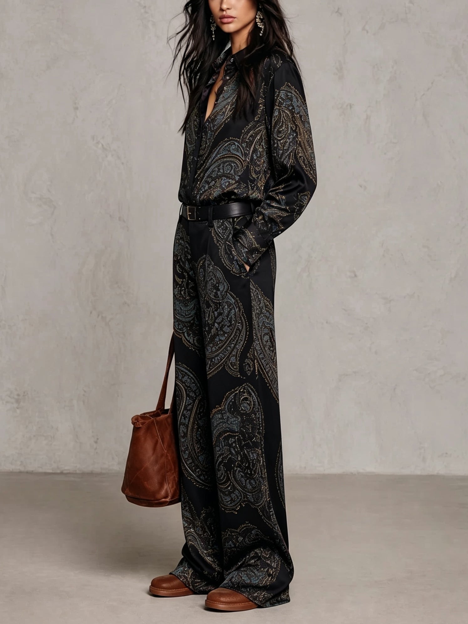 Valentina | Paisley Satin Shirt & Wide-Leg Trouser Set