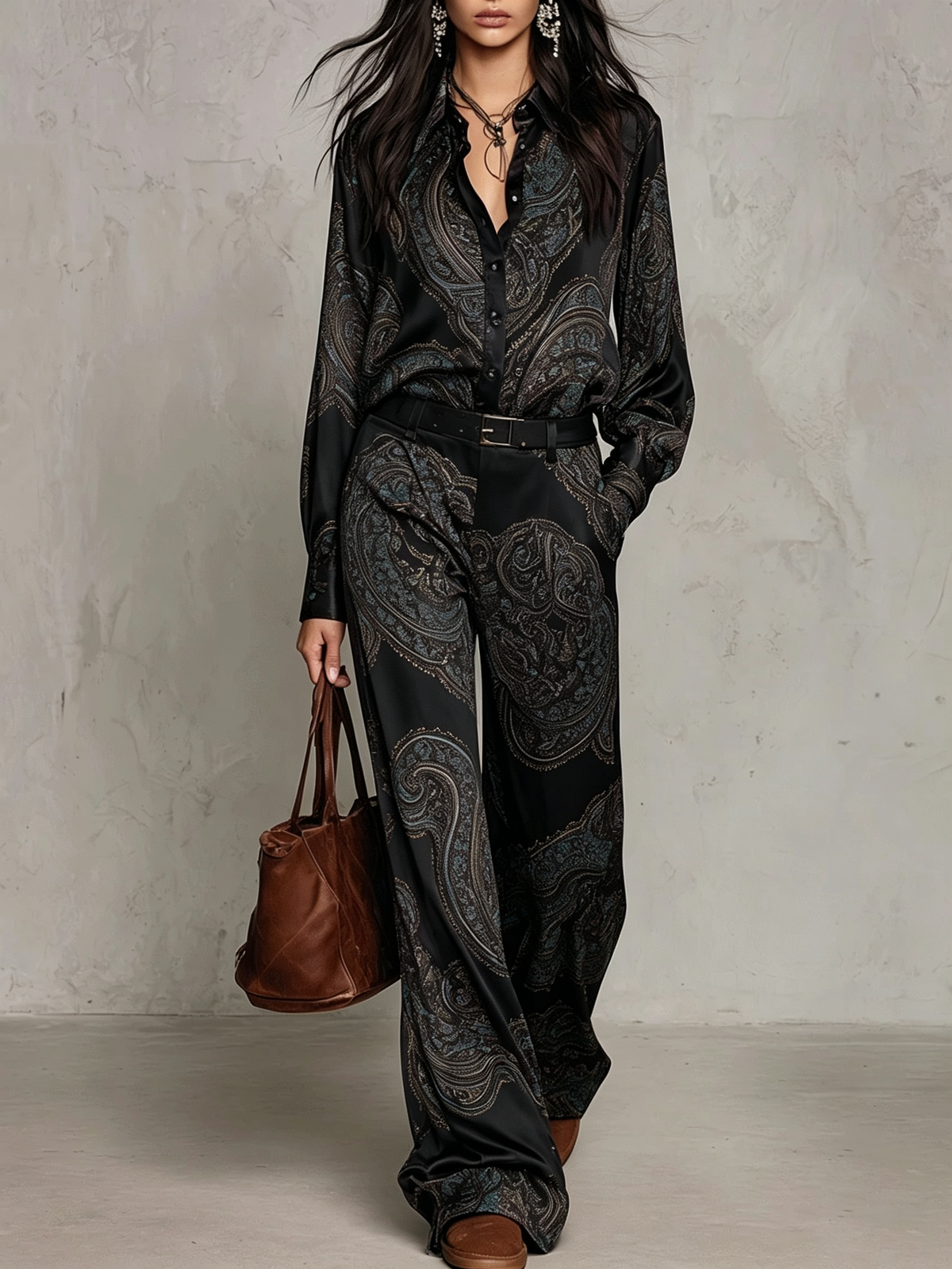 Valentina | Paisley Satin Shirt & Wide-Leg Trouser Set