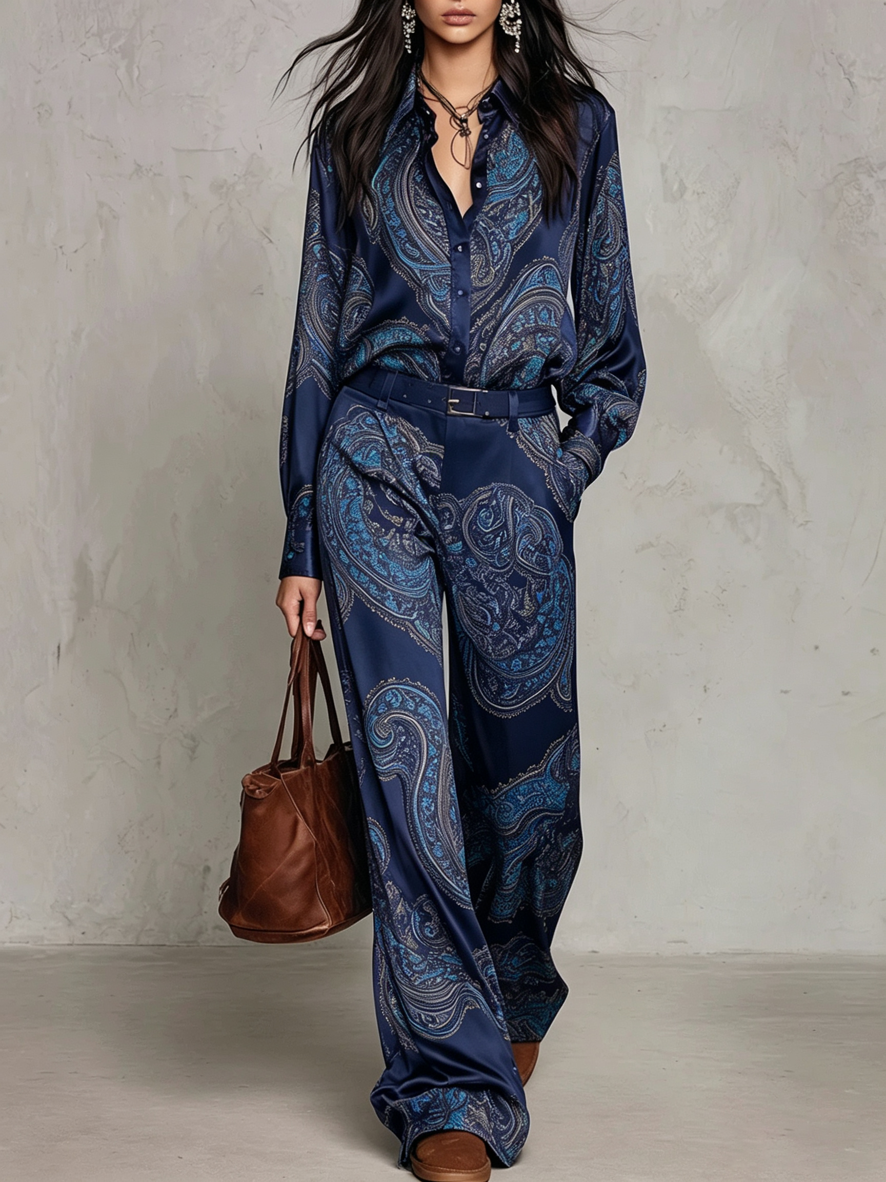 Noemi | Satin Shirt & Wide-Leg Trouser Set in Navy
