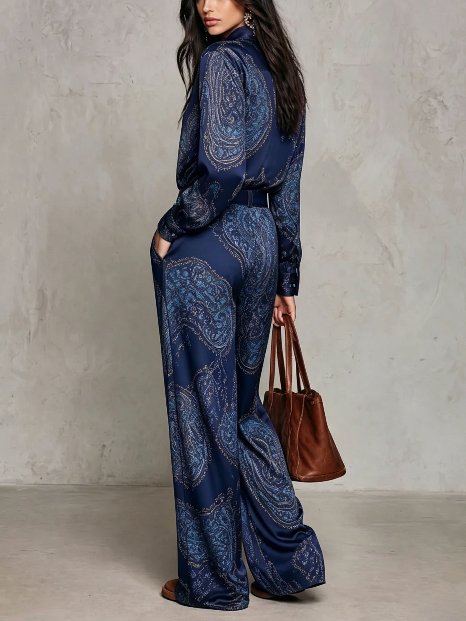 Noemi | Satin Shirt & Wide-Leg Trouser Set in Navy