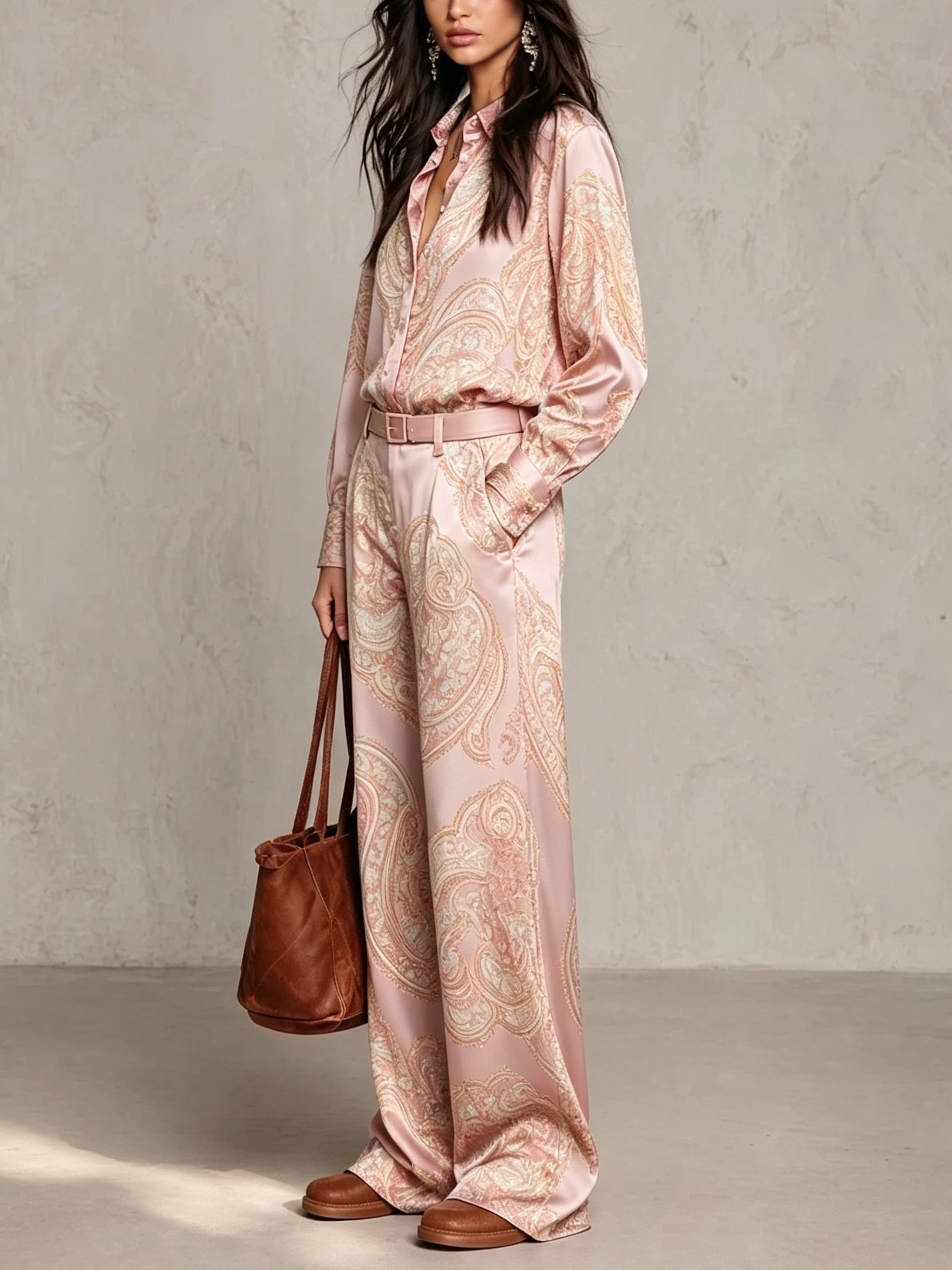 Giada | Satin Shirt & Wide-Leg Trouser Set in Pink