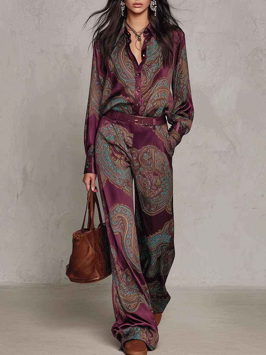 Valentina | Paisley Satin Shirt & Wide-Leg Trouser Set