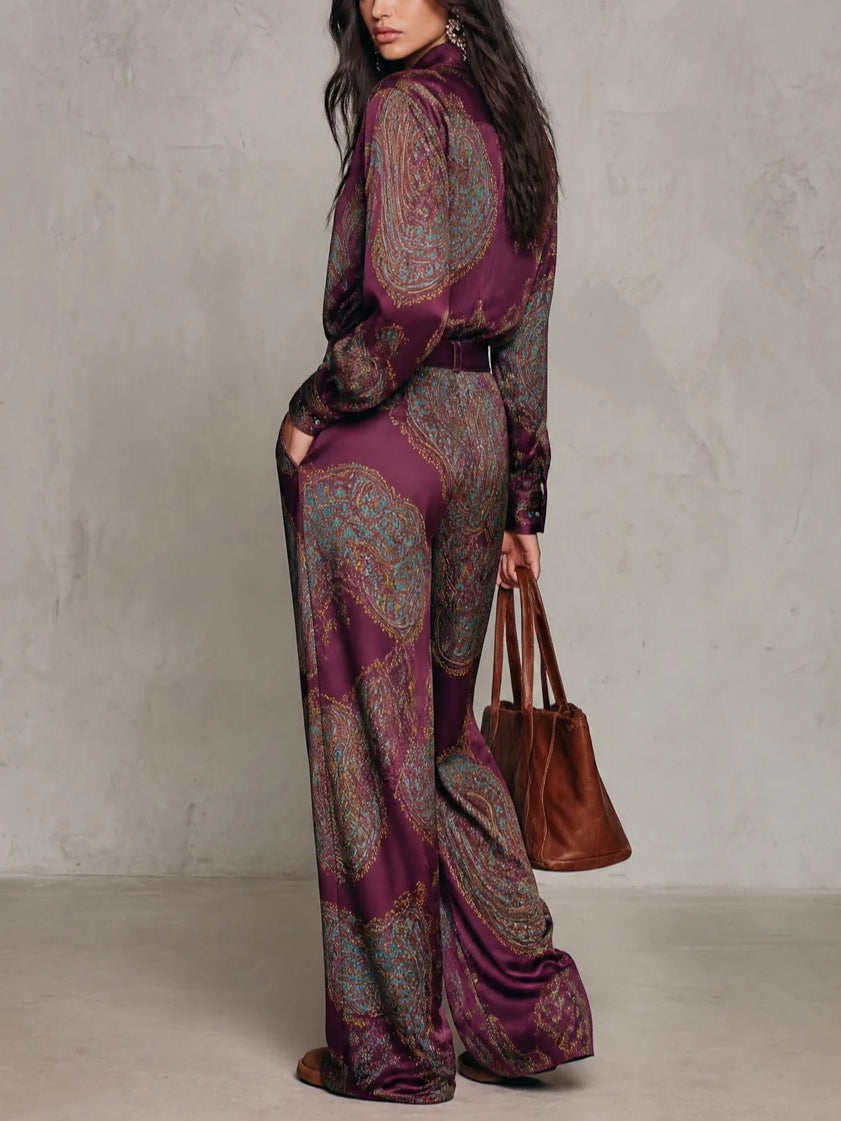 Valentina | Paisley Satin Shirt & Wide-Leg Trouser Set