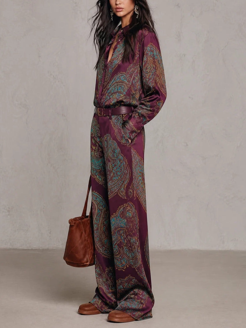 Valentina | Paisley Satin Shirt & Wide-Leg Trouser Set
