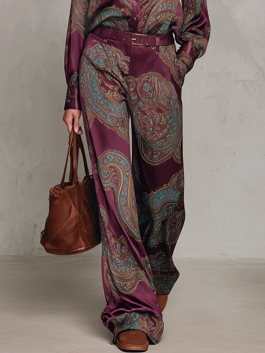 Valentina | Paisley Satin Shirt & Wide-Leg Trouser Set