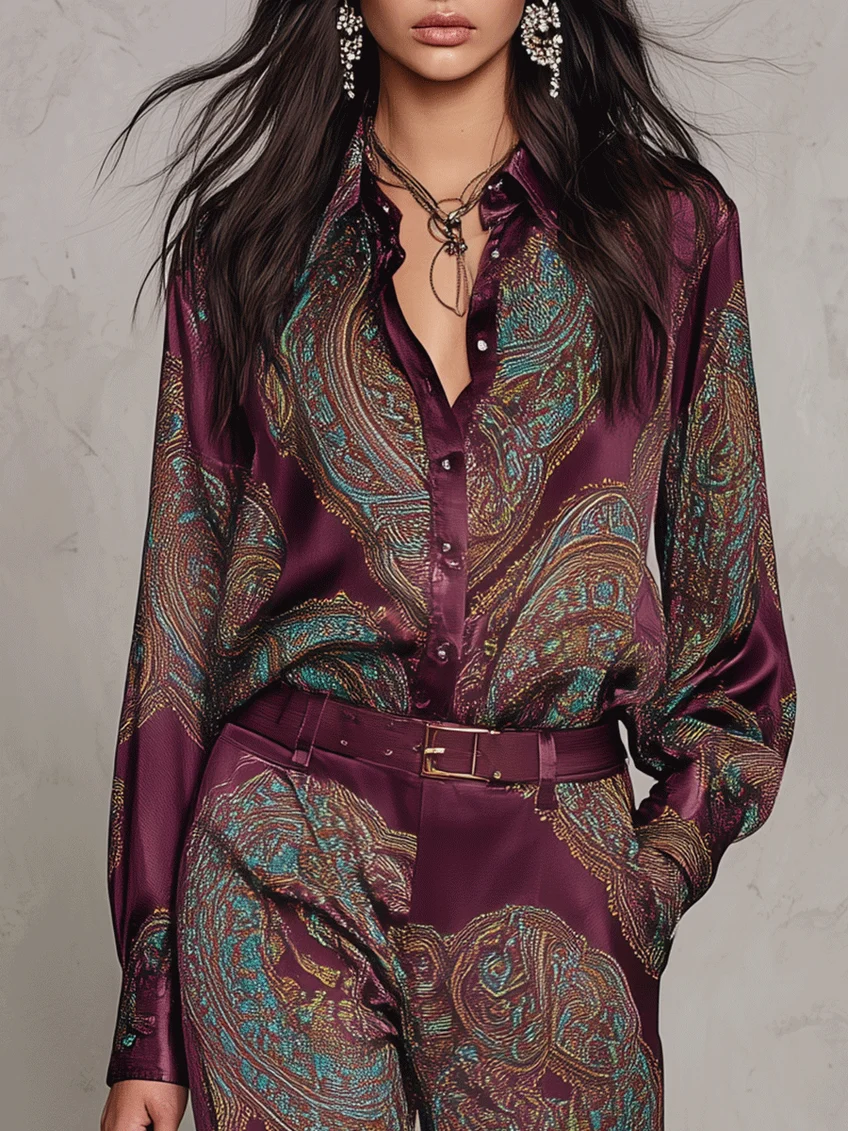 Valentina | Paisley Satin Shirt & Wide-Leg Trouser Set