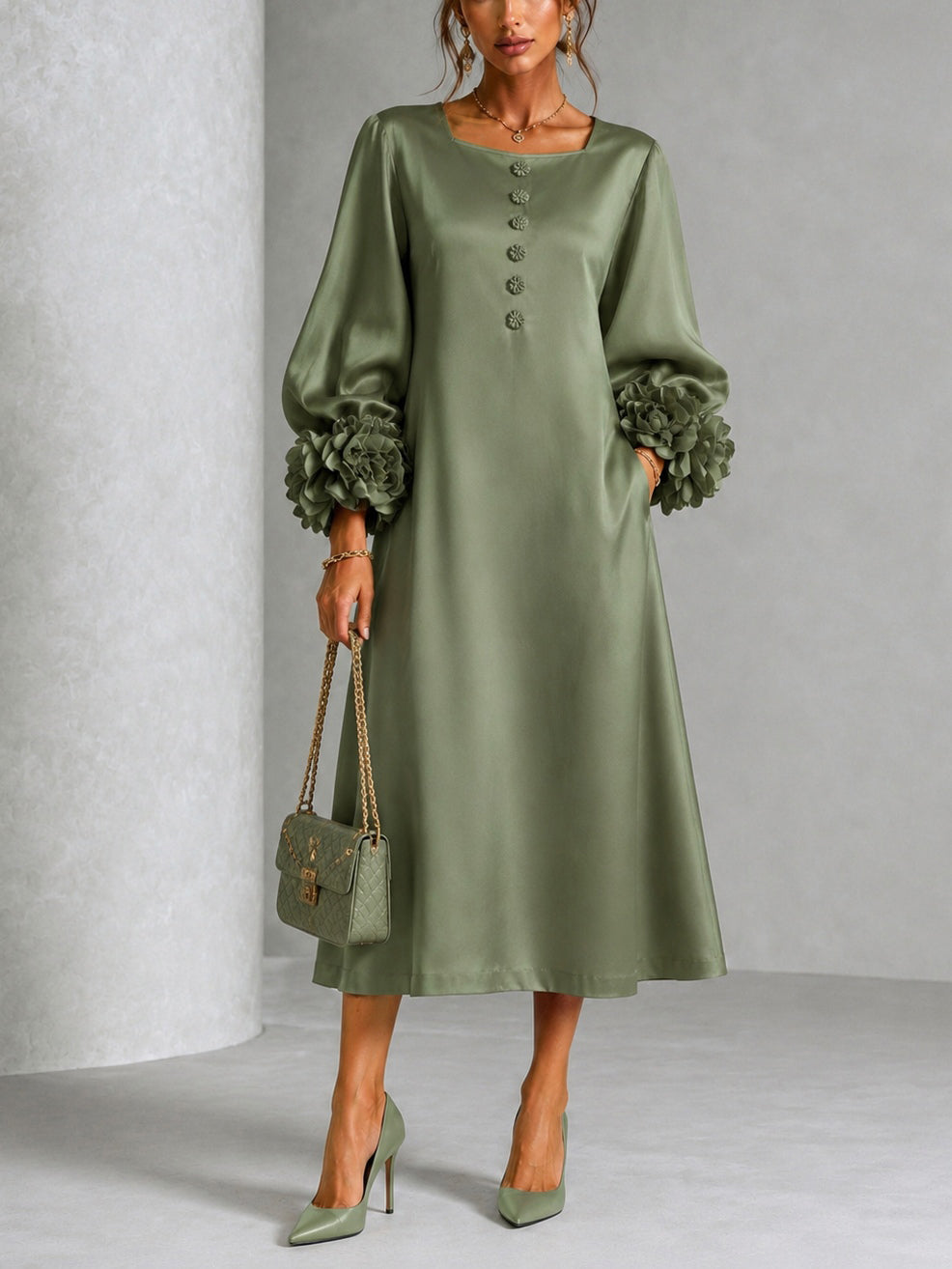 Sage | Satin Midi Dress with Floral Sleeves