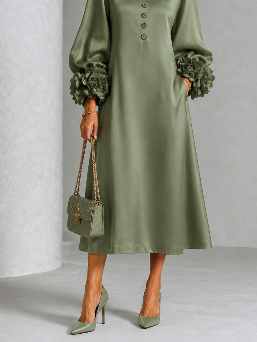 Sage | Satin Midi Dress with Floral Sleeves