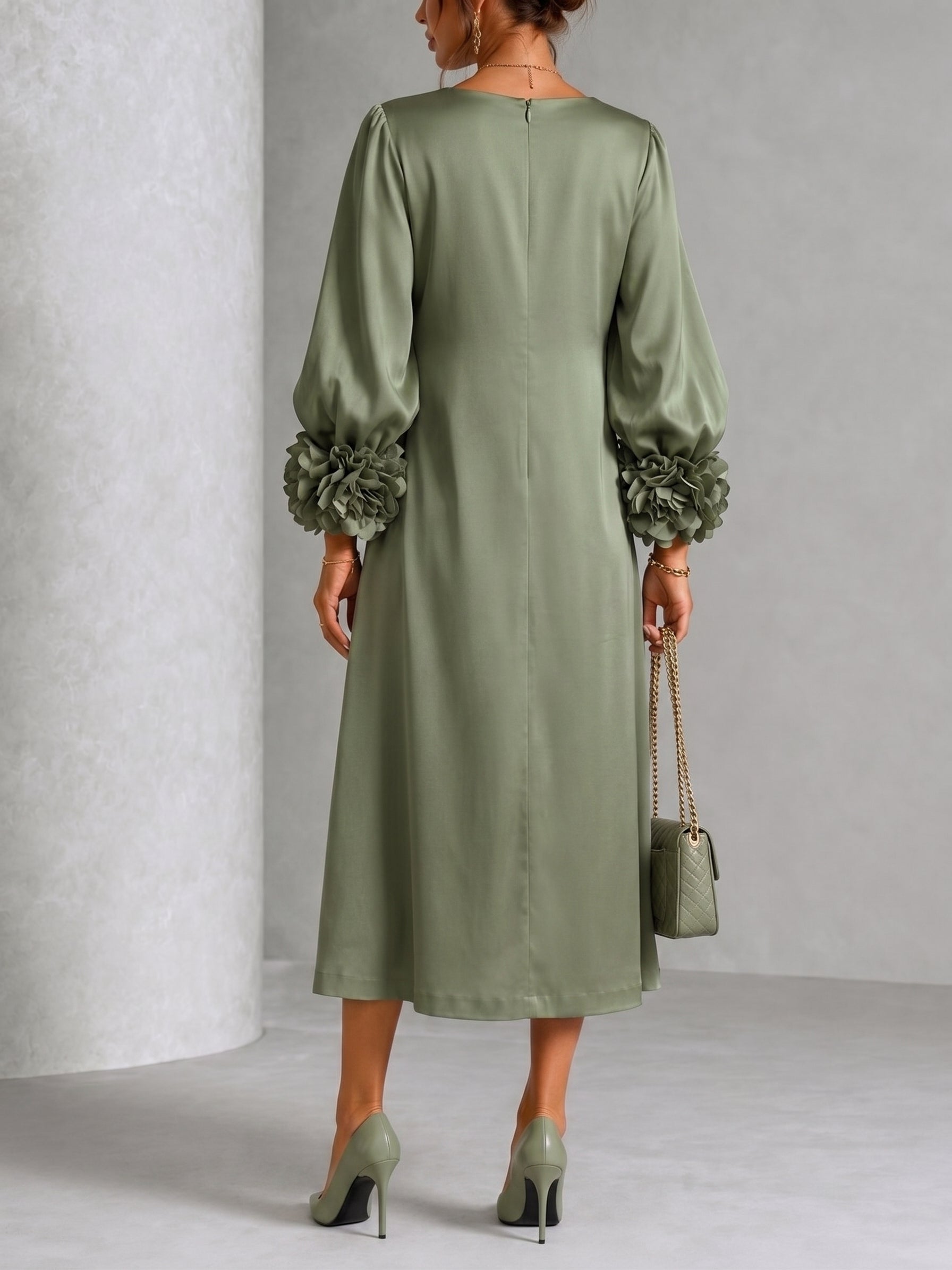 Sage | Satin Midi Dress with Floral Sleeves