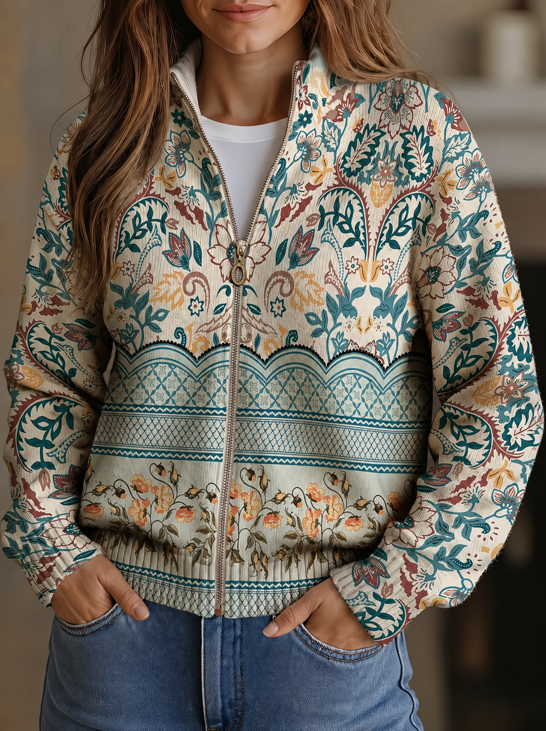 Sybilla | Vintage Floral Border Print Zip Cardigan