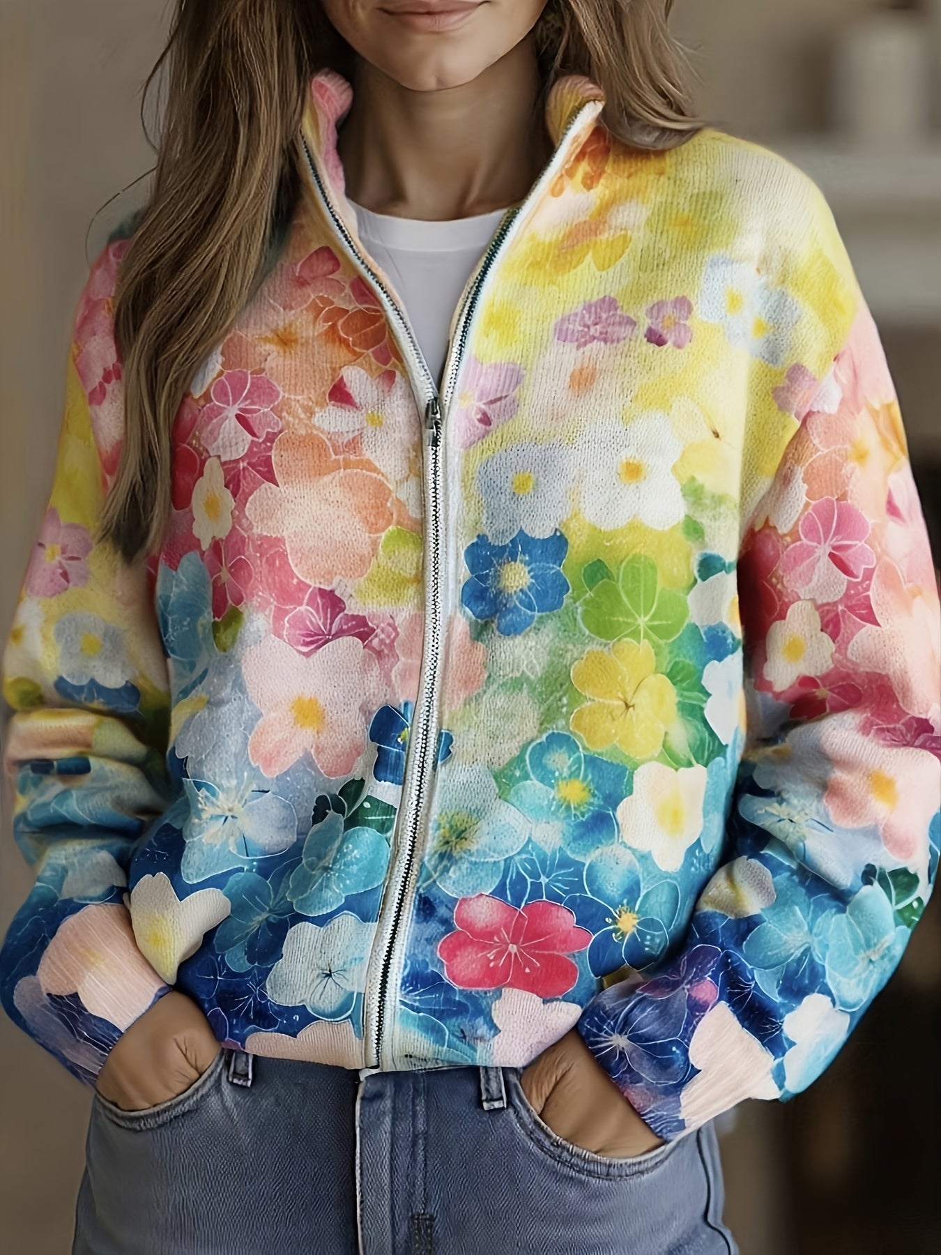 Augusta | Watercolor Floral Ombre Zip Cardigan