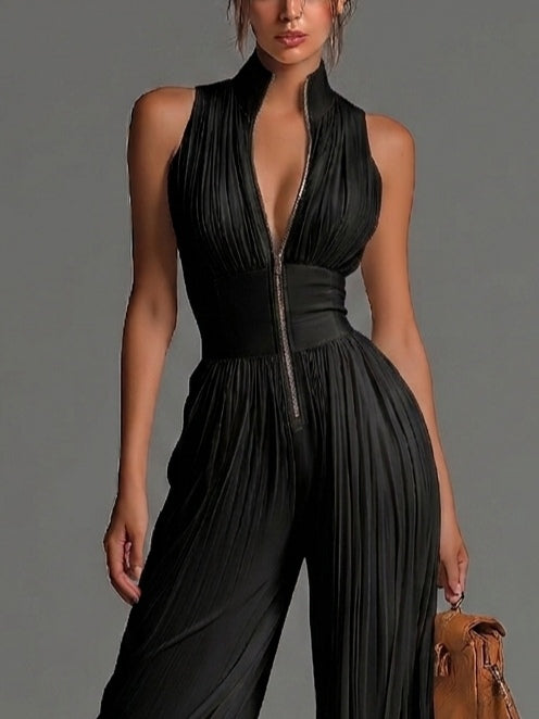 Black Pleated Wide-Leg Jumpsuit with V-Neck, Sleeveless