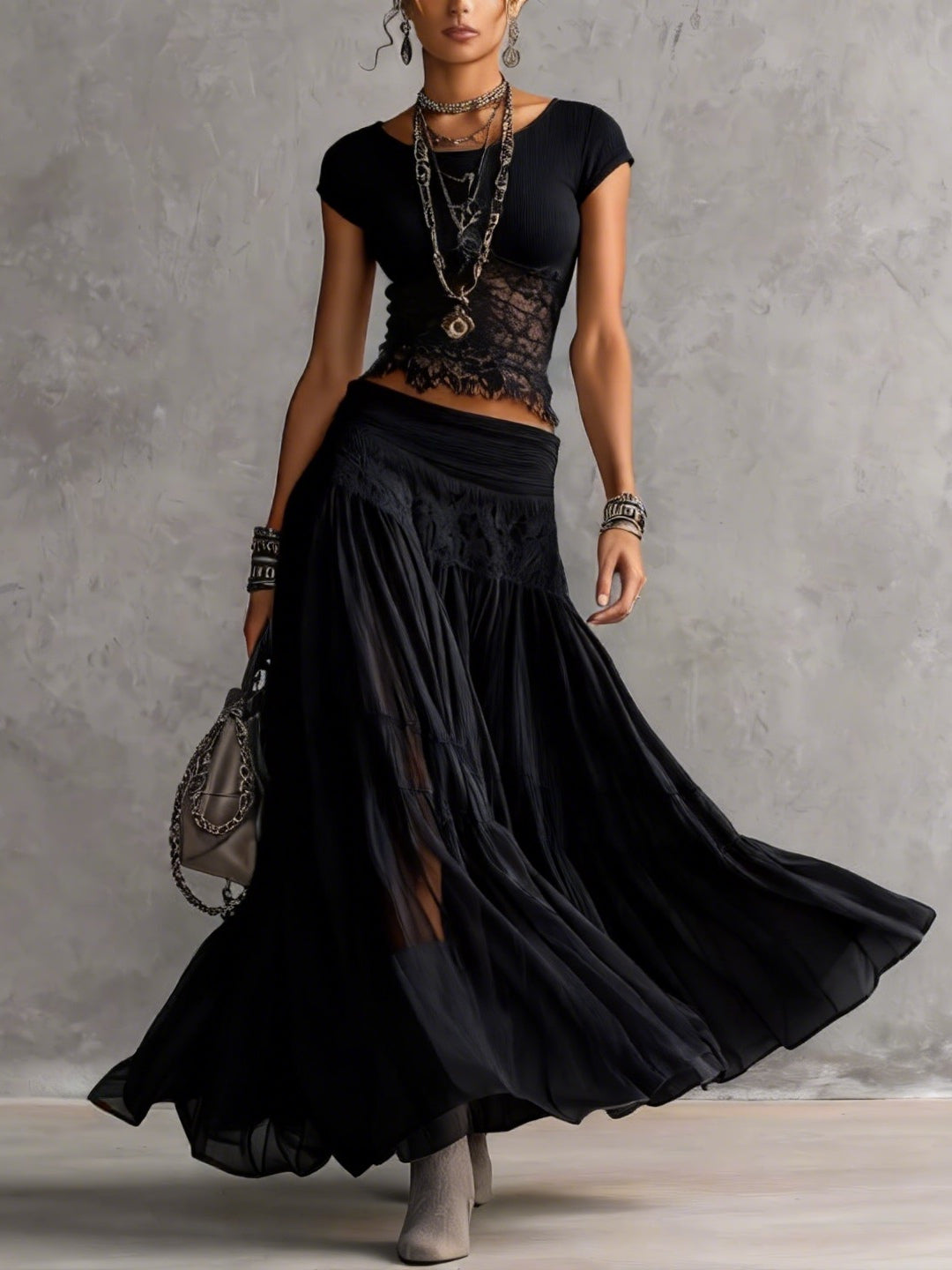 Black Sheer Lace Top and Pleated Maxi Skirt Set