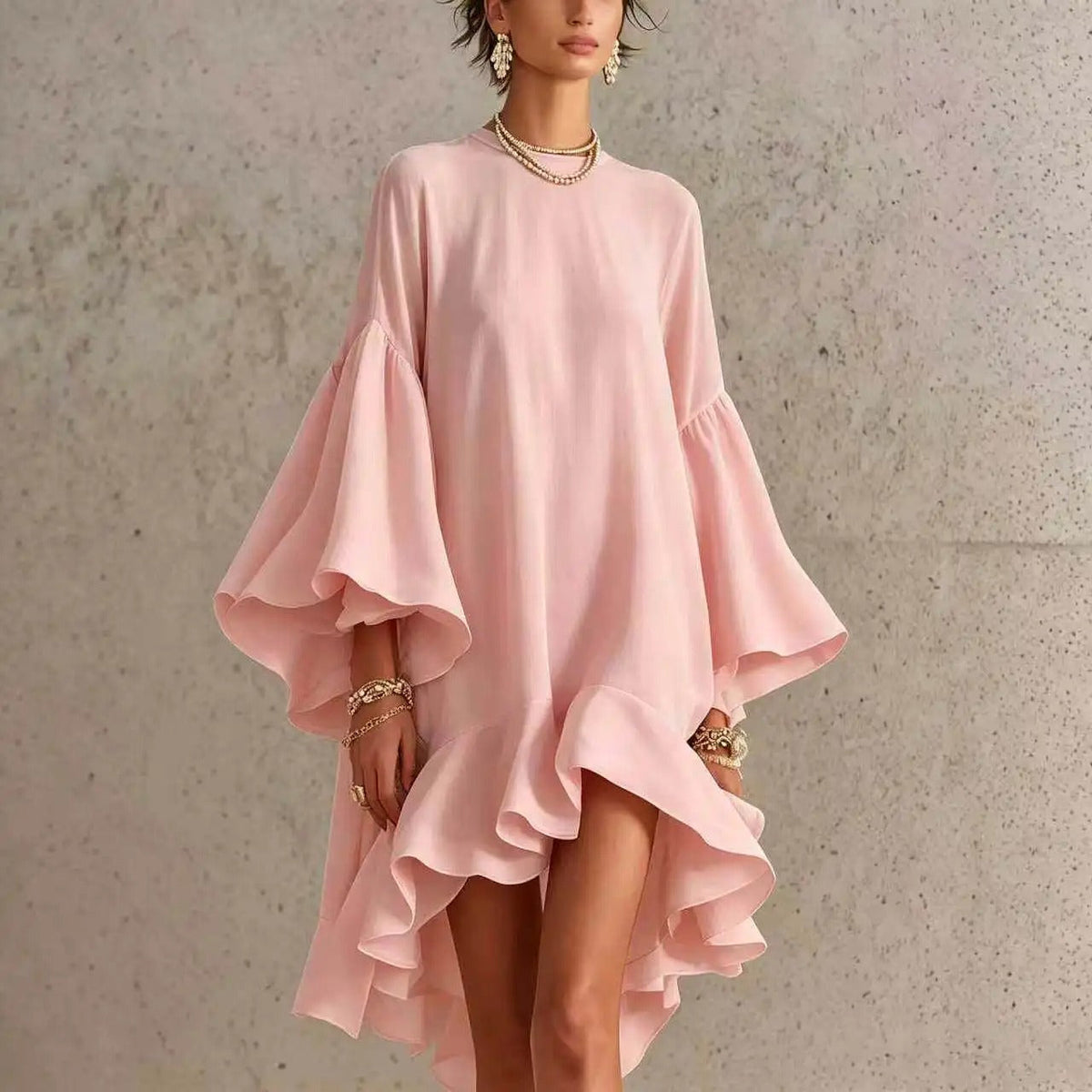 Amelia Elegant Dress with Ruffles and Asymmetrical Hem