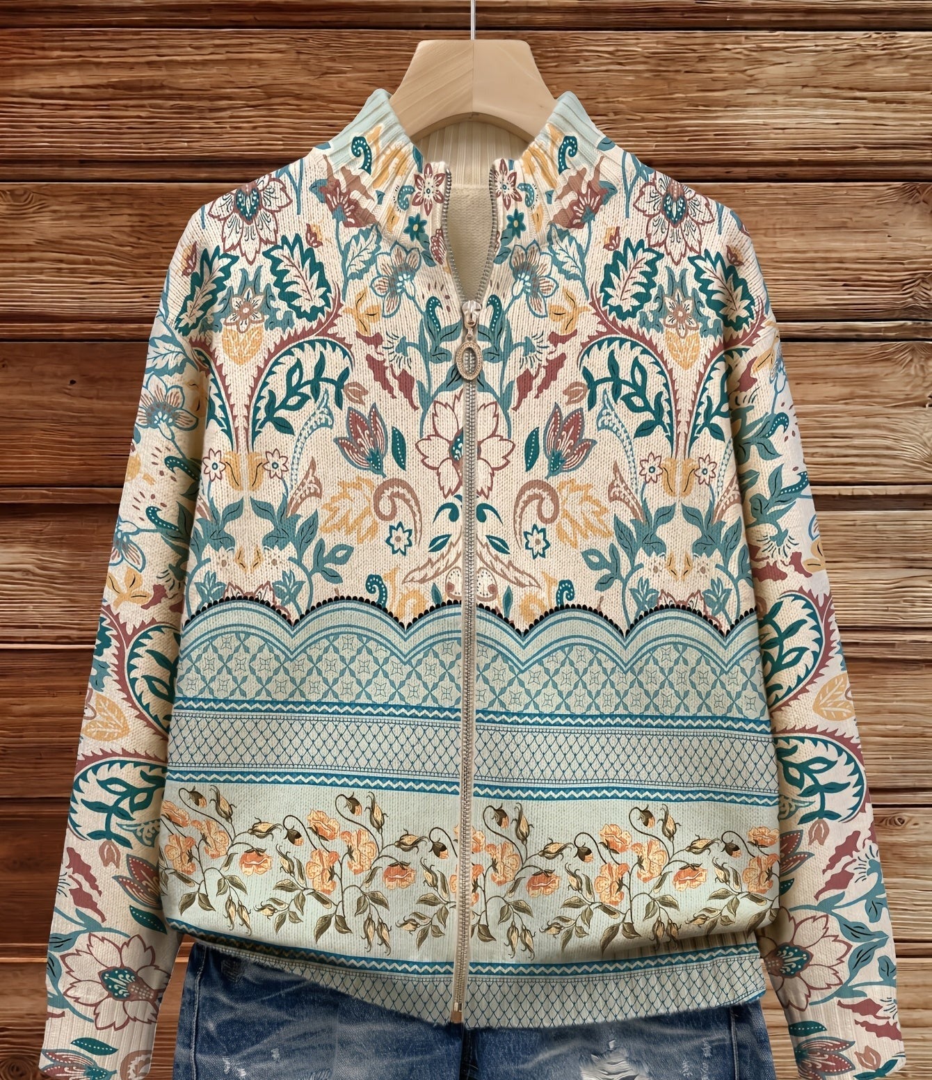 Sybilla | Vintage Floral Border Print Zip Cardigan