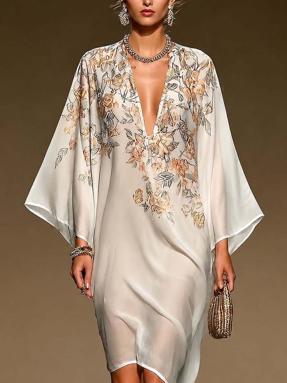 Saffira | Beige Chiffon Kaftan Midi Dress