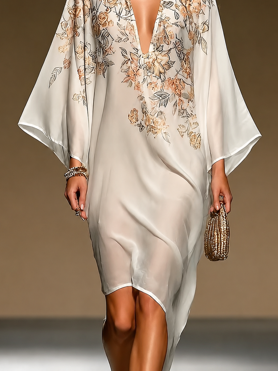 Saffira | Beige Chiffon Kaftan Midi Dress