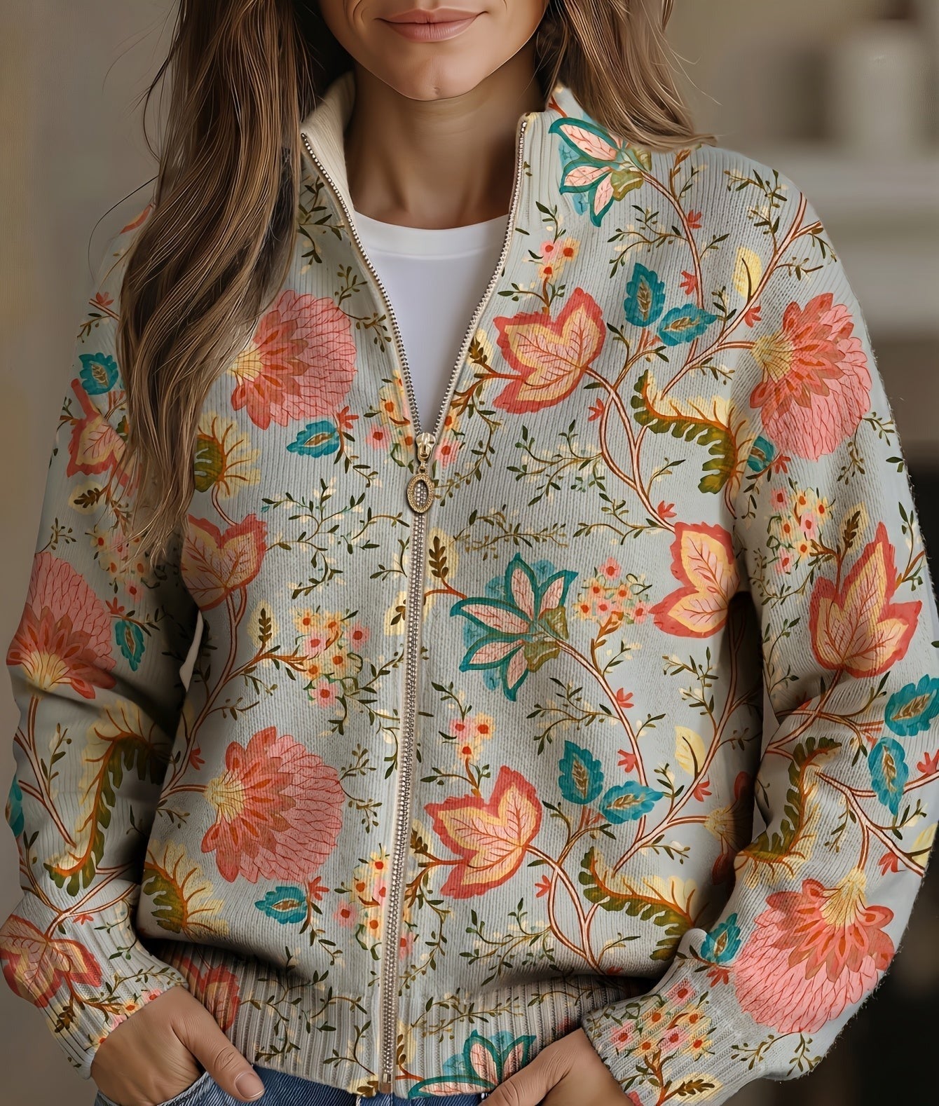 Xanthe | Vintage Floral Garden Zip Cardigan