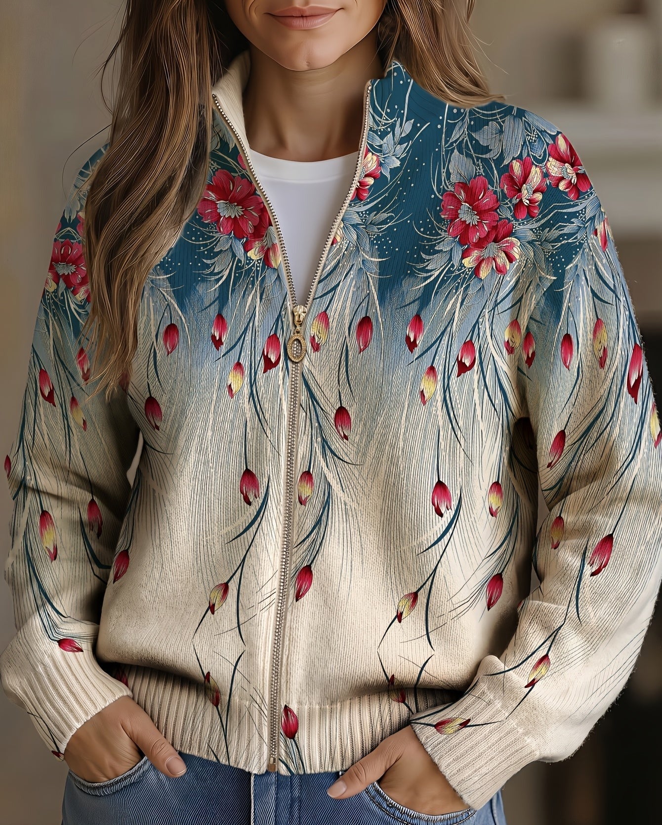 Zillah | Floral Peacock Feather Gradient Zip Cardigan